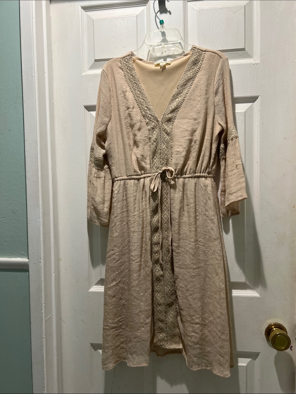Indigo Rose Boho Tie-Waist Midi Dress in Beige